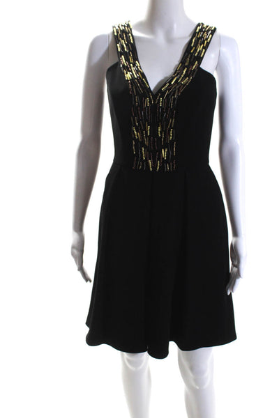 Shoshanna Womens Beaded Sleeveless A Line Pleated Dress Black Gold Size 2