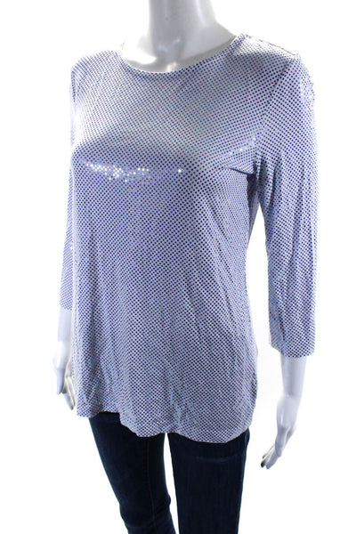 St. John Womens Geometric Print Long Sleeves Tee Shirt White Blue Size Petite