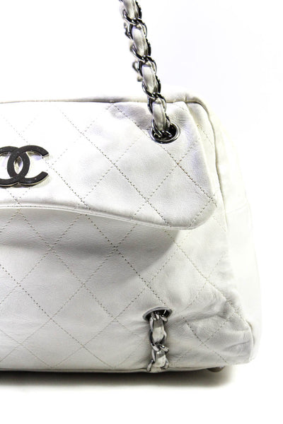 Chanel Womens Leather Quilted Chain Strap Sharpei Bowler Handbag White Silver To