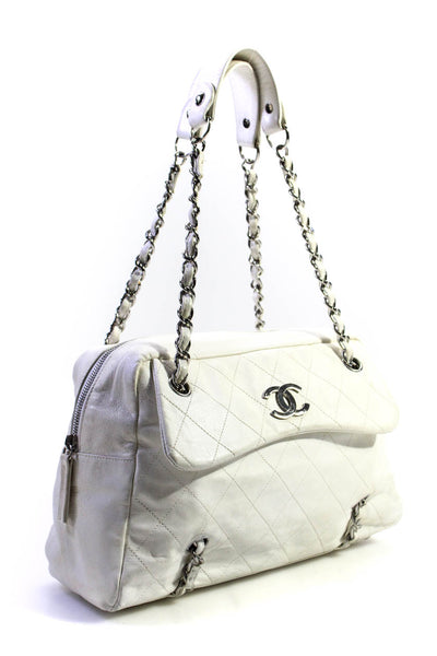 Chanel Womens Leather Quilted Chain Strap Sharpei Bowler Handbag White Silver To