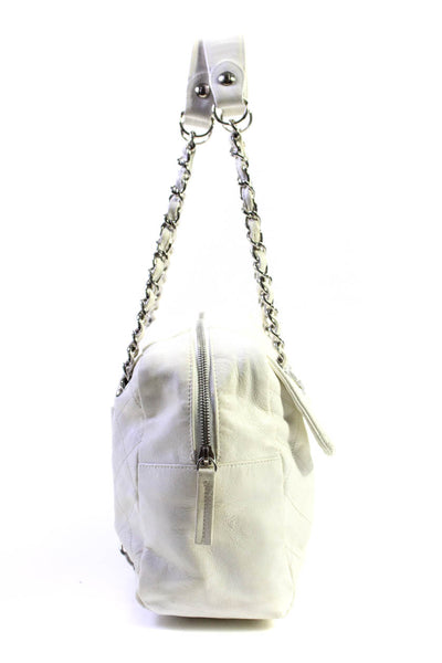 Chanel Womens Leather Quilted Chain Strap Sharpei Bowler Handbag White Silver To