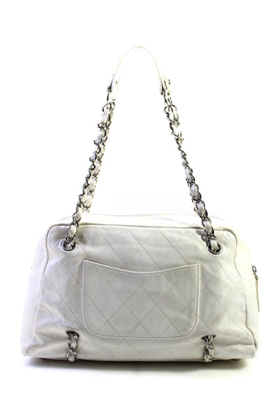 Chanel Womens Leather Quilted Chain Strap Sharpei Bowler Handbag White Silver To