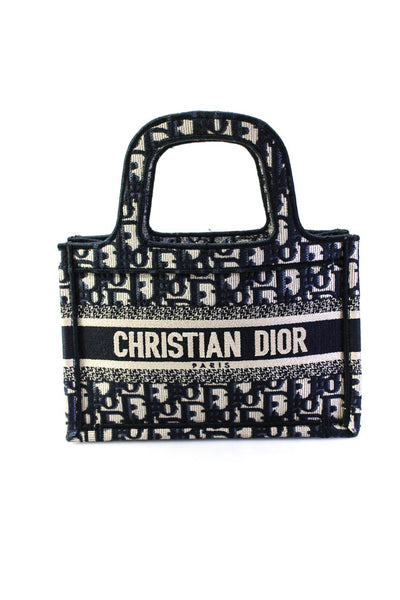 Christian Dior Womens Oblique Mini Book Tote Handbag Navy Blue White Canvas