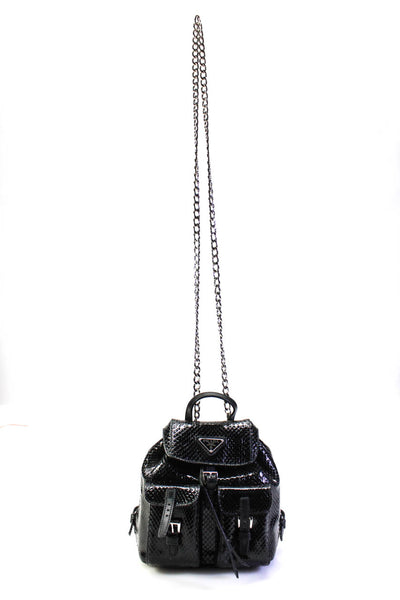Prada Womens Vela Mini Snakeskin Backpack Chain Crossbody Handbag Black