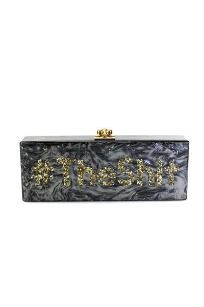 Edie Parker Hashtag Collection Marbled Glitter Resin Clutch Handbag Gray Gold