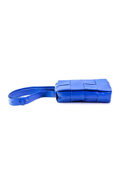 Bottega Veneta Womens Cassette Magnetic Flap Leather Belt Bag Handbag Blue