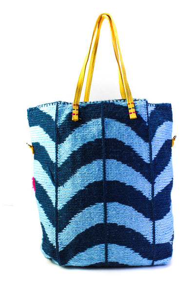 En Shalla Womens Pom Pom Faux Leather Handle Recycled Tote Handbag Blue