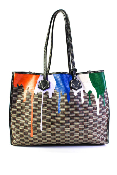 Moreau Womens Vincennes Painted Drip Checkered Canvas Tote Handbag Brown