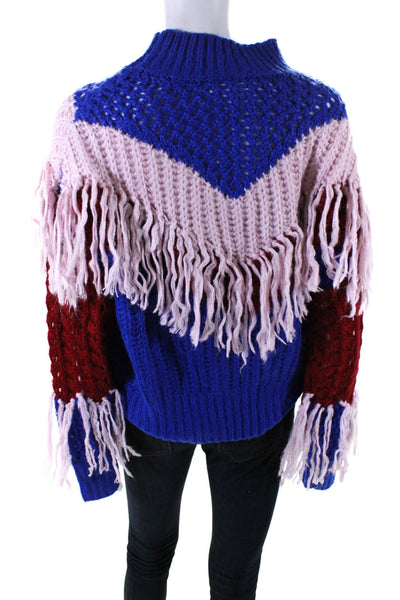 Allison Womens Oversized Fringe Crochet Knit Sweater Blue Red Pink Size XS