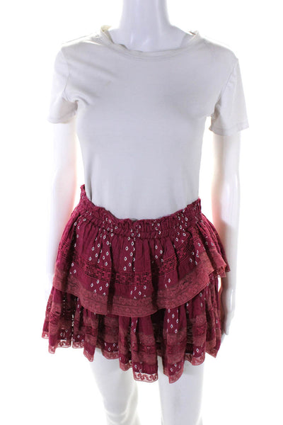 Love Shack Fancy Womens Elastic Waistband Lace Trim Ikat Tiered Skirt Pink Small