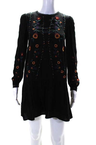 Sezane Womens Floral Embroider Long Sleeve A-Line Tiered Dress Black Size EUR34
