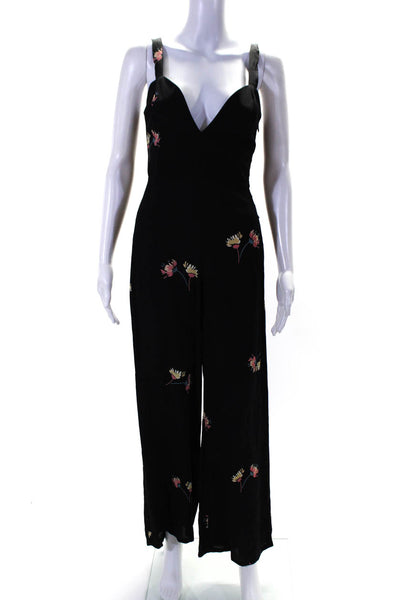 Flynn Skye Womens Floral Print V-Neck Lace-Up Zip Wide Jumpsuit Black Size XS