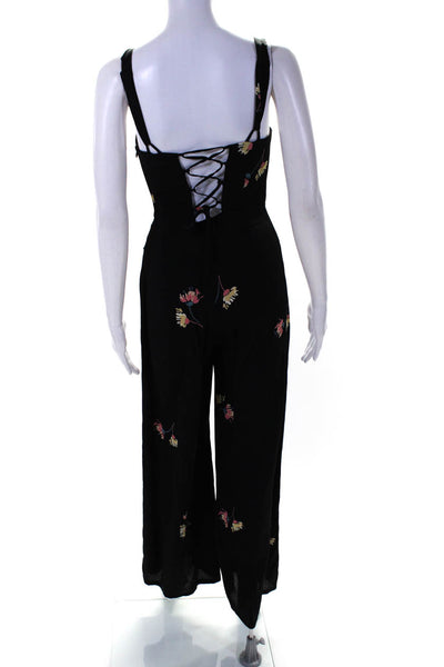 Flynn Skye Womens Floral Print V-Neck Lace-Up Zip Wide Jumpsuit Black Size XS