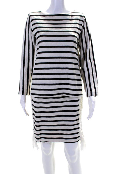 Pepin Womens White/Black Striped Side Fringe Detail Sweater Top Skirt Set Size M