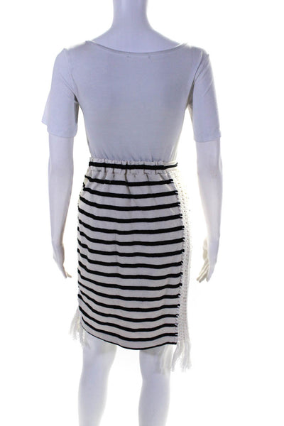Pepin Womens White/Black Striped Side Fringe Detail Sweater Top Skirt Set Size M