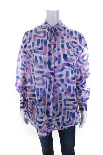La Fetiche Womens Button Front Oversized Abstract Shirt Blue White Pink Small