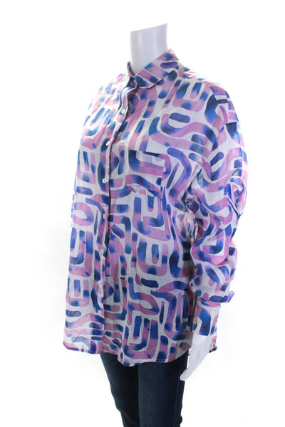 La Fetiche Womens Button Front Oversized Abstract Shirt Blue White Pink Small