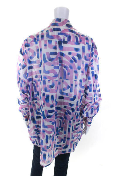 La Fetiche Womens Button Front Oversized Abstract Shirt Blue White Pink Small