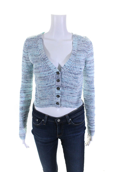 Intermix Womens Ribbed Button Down Cardigan Sweater Sky Blue Cotton Size Small