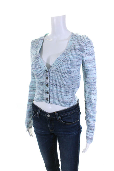 Intermix Womens Ribbed Button Down Cardigan Sweater Sky Blue Cotton Size Small