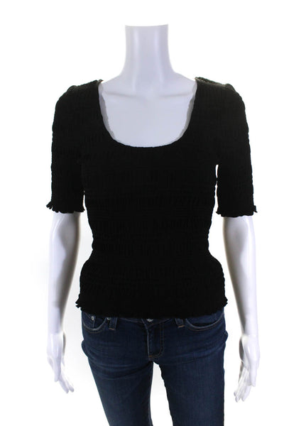 Frame Womens Smocked Short Sleeves Scoop Neck Blouse Black Size Extra Small