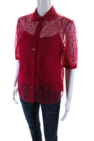 Christian Dior Womens Embroidered Heart Mesh Button Up Top Blouse Pink Size 8