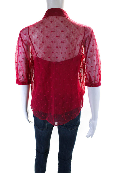 Christian Dior Womens Embroidered Heart Mesh Button Up Top Blouse Pink Size 8