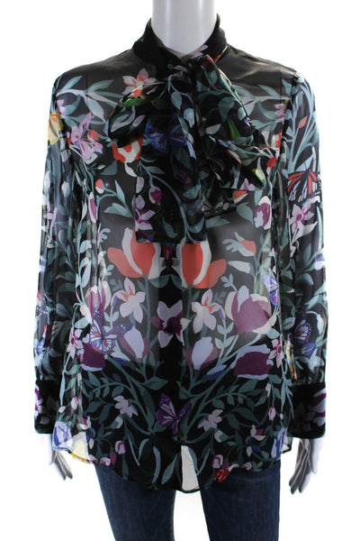 Valentino Womens Sheer Floral Butterfly Tie Neck Top Blouse Black Green Sz Small