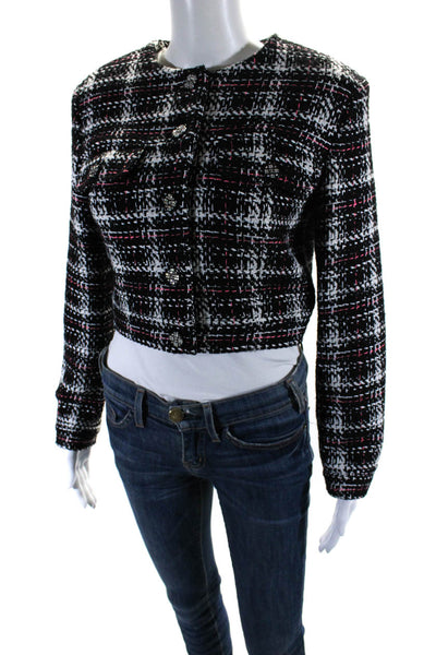 Chanel Womens Plaid Tweed Cropped Button Up Jacket Black White Pink Size FR 38