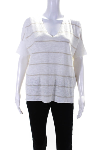 Eileen Fisher Womens Short Sleeve V Neck Striped Shirt White Beige Size Small