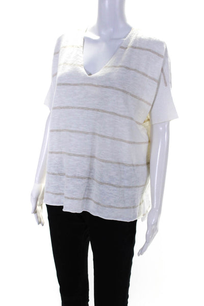 Eileen Fisher Womens Short Sleeve V Neck Striped Shirt White Beige Size Small