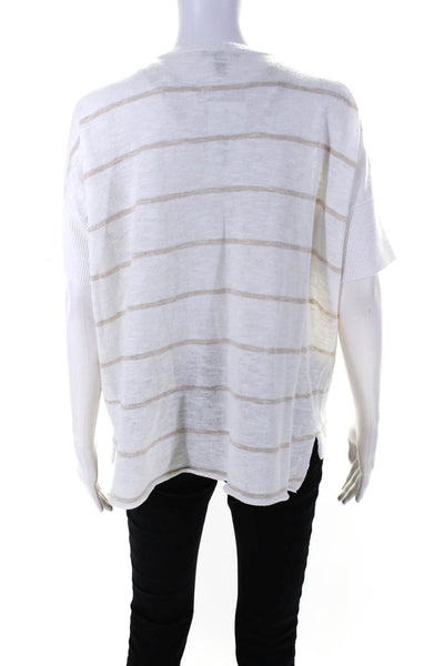 Eileen Fisher Womens Short Sleeve V Neck Striped Shirt White Beige Size Small