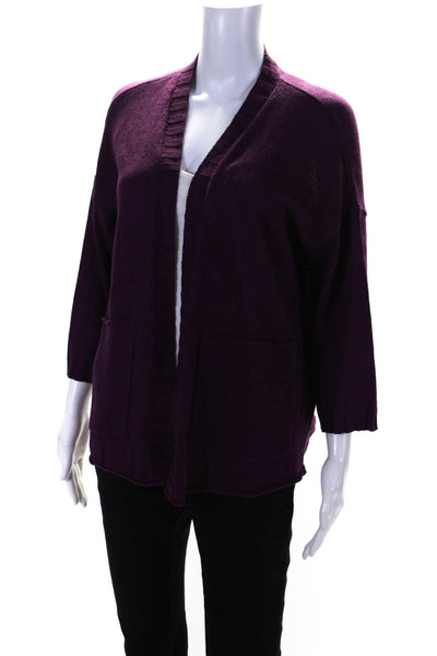 Eileen Fisher Womens 3/4 Sleeve Open Front Cardigan Sweater Purple Linen Small