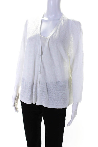 Eileen Fisher Womens 3/4 Sleeve Open Knit Cardigan Sweater White Linen Medium