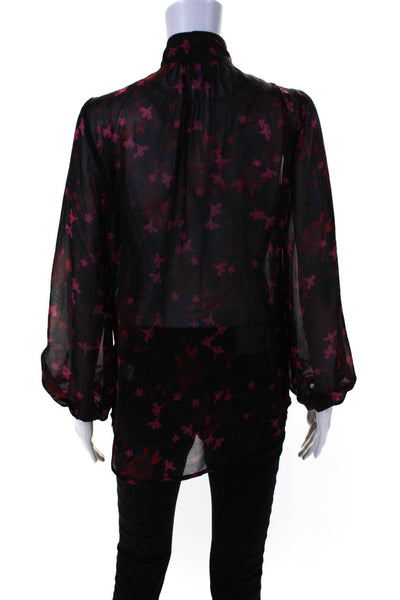 Cabi Womens Long Sleeve V Neck Floral Tie Neck Top Black Pink Size Extra Small