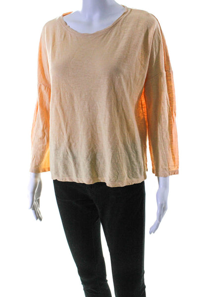 Eileen Fisher Womens Long Sleeve Scoop Neck Tee Shirt Yellow Cotton Size PM