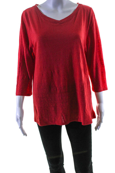 Eileen Fisher Womens 3/4 Sleeve V Neck Linen Tee Shirt Red Size Large