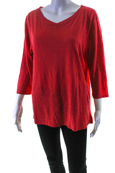 Eileen Fisher Womens 3/4 Sleeve V Neck Linen Tee Shirt Red Size Large