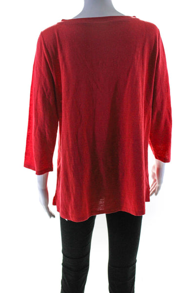 Eileen Fisher Womens 3/4 Sleeve V Neck Linen Tee Shirt Red Size Large