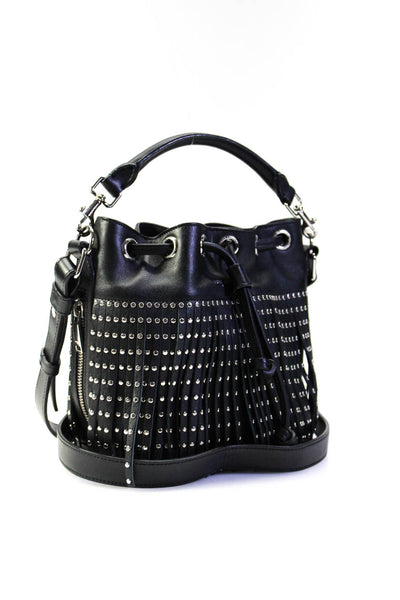 Saint Laurent Womens Emmanuel Small Studded Fringe Bucket Handbag Black Leather