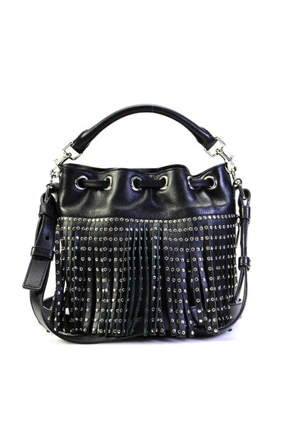 Saint Laurent Womens Emmanuel Small Studded Fringe Bucket Handbag Black Leather