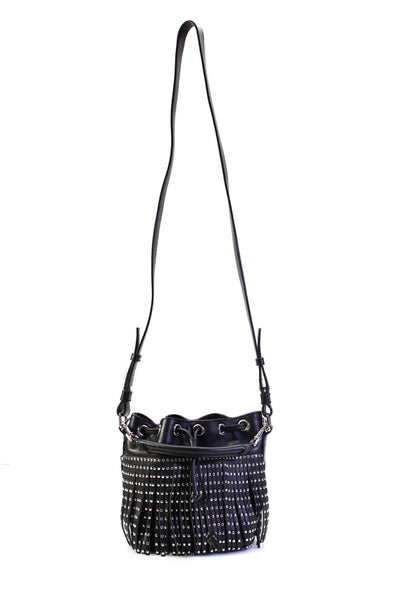 Saint Laurent Womens Emmanuel Small Studded Fringe Bucket Handbag Black Leather