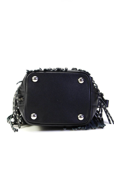 Saint Laurent Womens Emmanuel Small Studded Fringe Bucket Handbag Black Leather