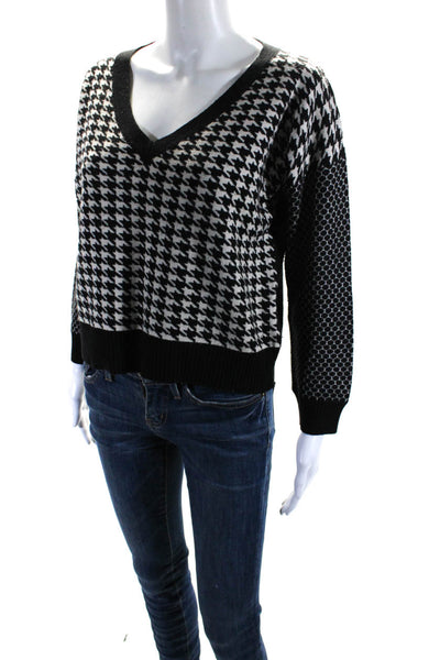 Mason Womens Houndstooth V Neck Long Sleeved Pullover Sweater Black White Size P