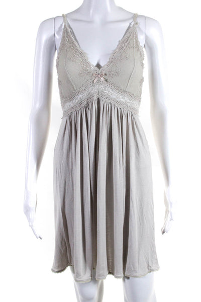 Eberjey Women's V-Neck Spaghetti Straps Lace Trim Night Dress Beige Size M