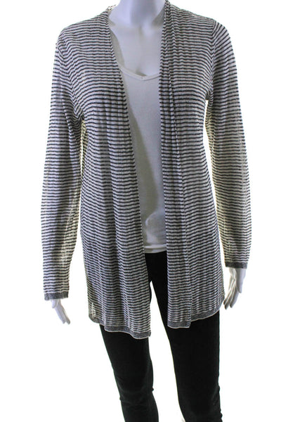 Eileen Fisher Womens Open Knit Striped Cardigan Sweater White Black Size Small