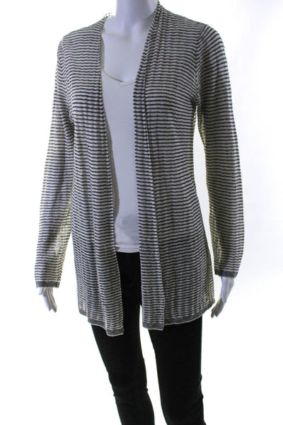 Eileen Fisher Womens Open Knit Striped Cardigan Sweater White Black Size Small