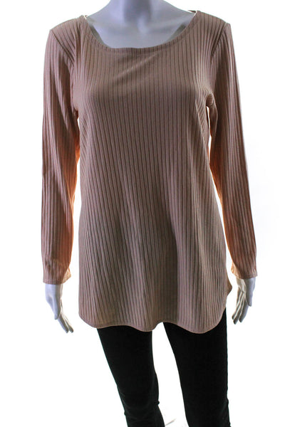 Eileen Fisher Womens Long Sleeve Scoop Neck Ribbed Shirt Beige Size Medium