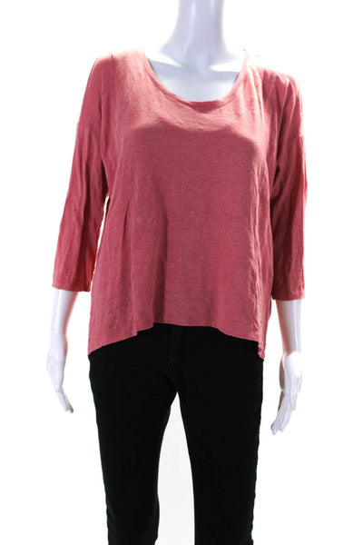 Eileen Fisher Womens 3/4 Sleeve Scoop Neck Linen Tee Shirt Pink Size Small