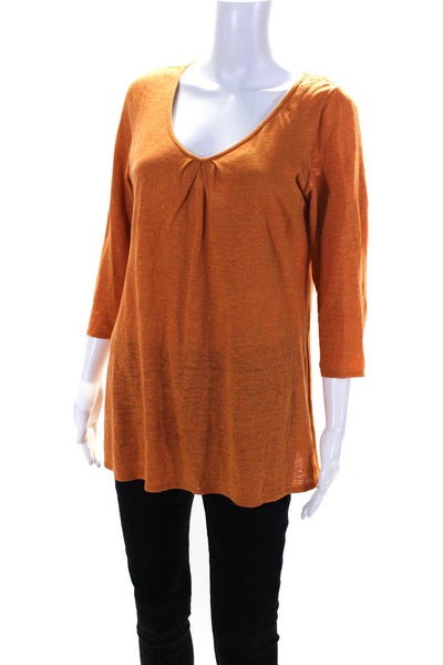 Eileen Fisher Womens 3/4 Sleeve V Neck Linen Tee Shrit Dark Orange Size Small